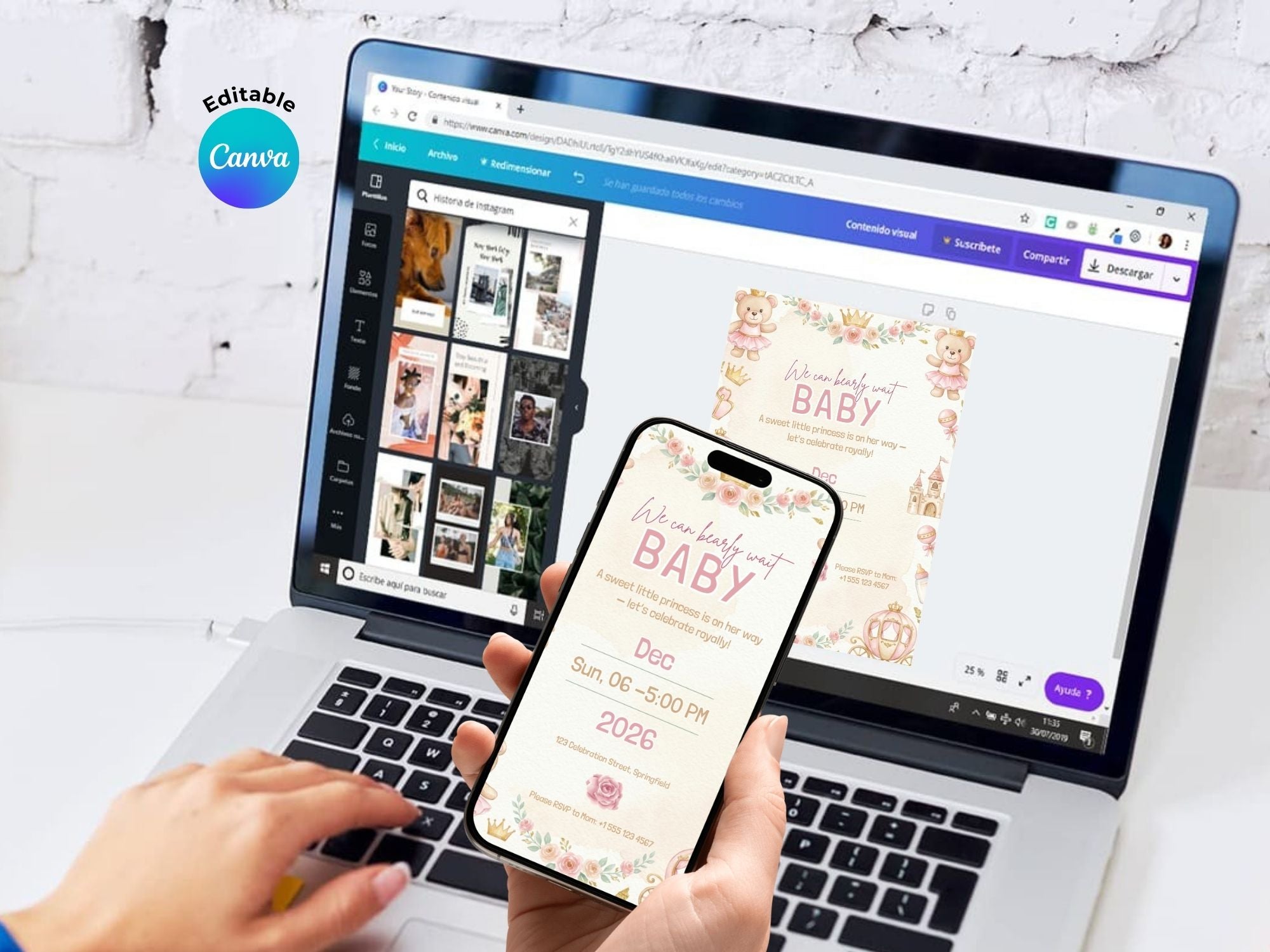 Pink Royal Teddy Baby Shower Invitation – Watercolor Plane Theme – Editable Canva Template – Share or Printable 5x7 – Instant Download