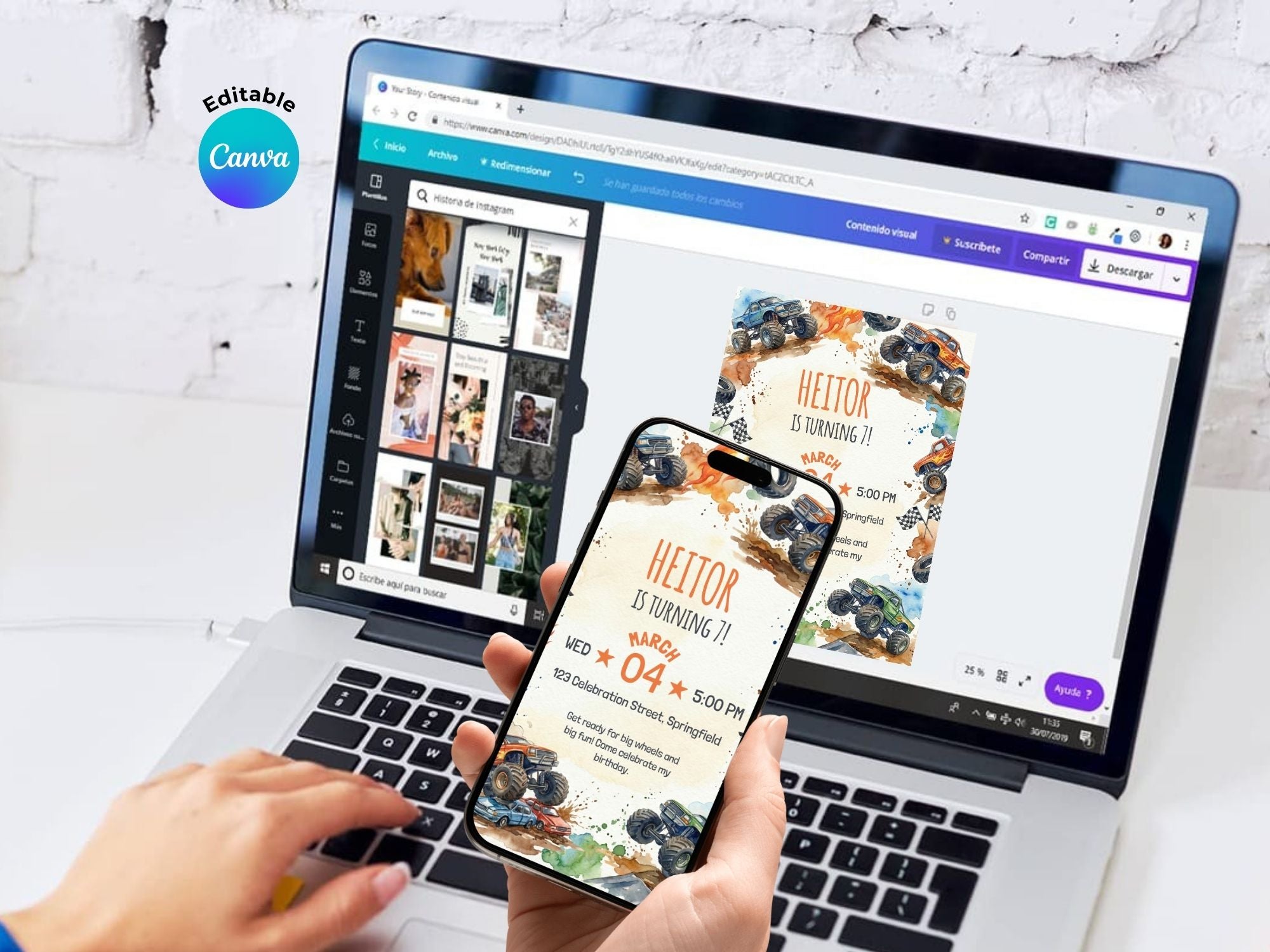 Monster Truck Birthday Invitation – Editable Canva Template – Share or Printable 5x7 – Instant Download