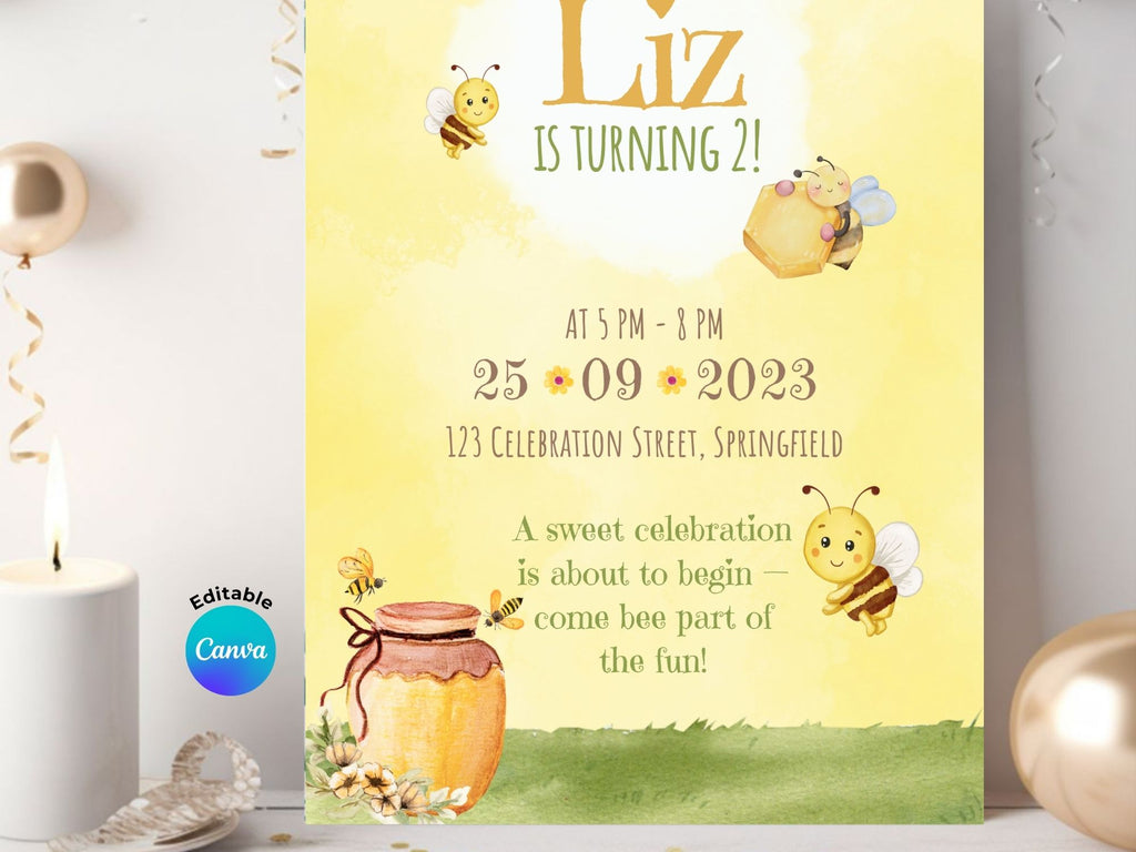 Honey Bee Floral Invitation – Editable Canva Template – Share or Printable 5x7 – Instant Download