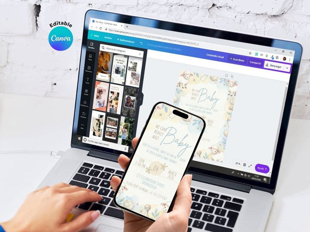 Sheep Baby Shower Invitation – Watercolor Plane Theme – Editable Canva Template – Share or Printable 5x7 – Instant Download