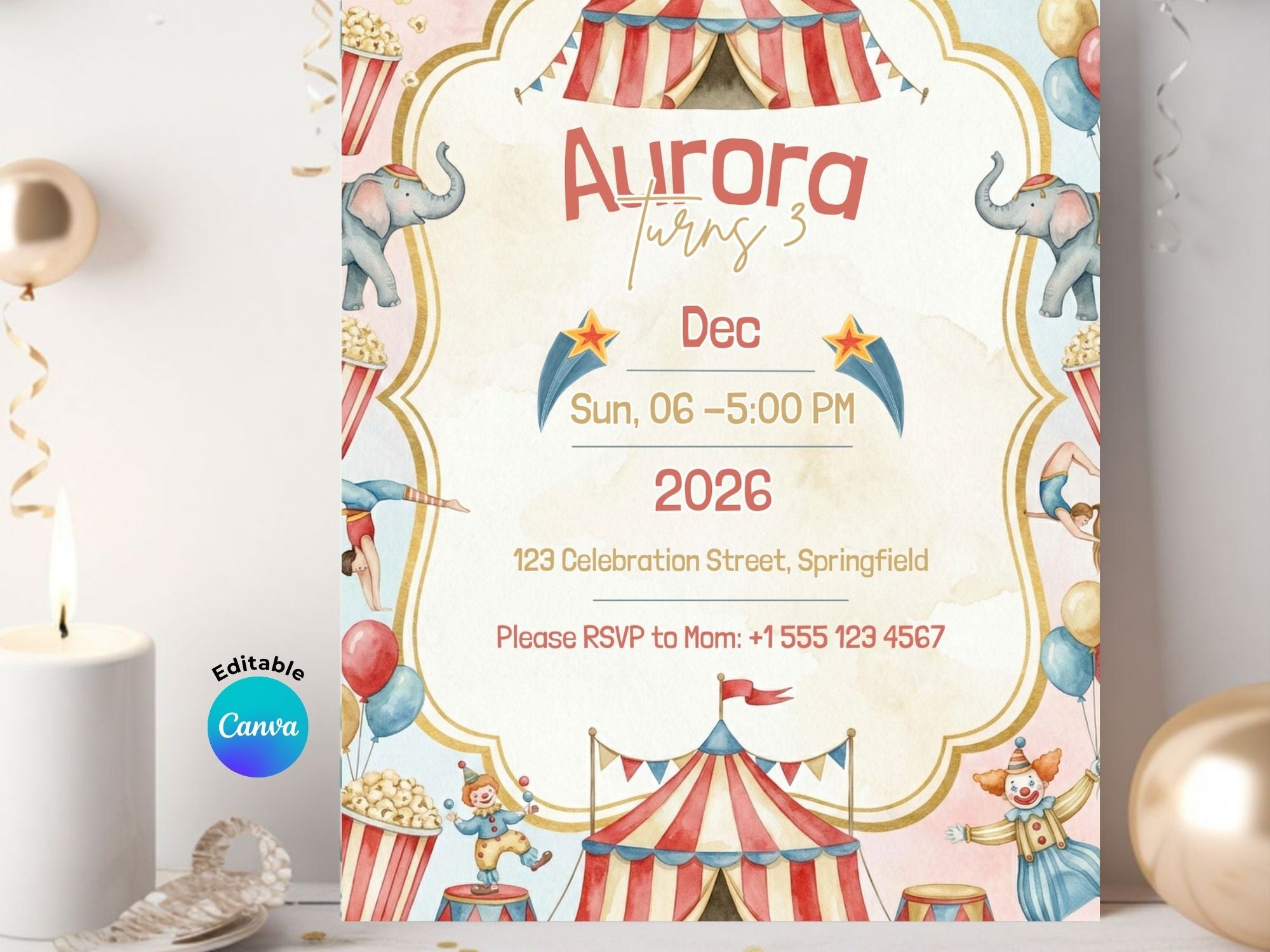 Circus Watercolor Invitation – Editable Canva Template – Share or Printable 5x7 – Instant Download