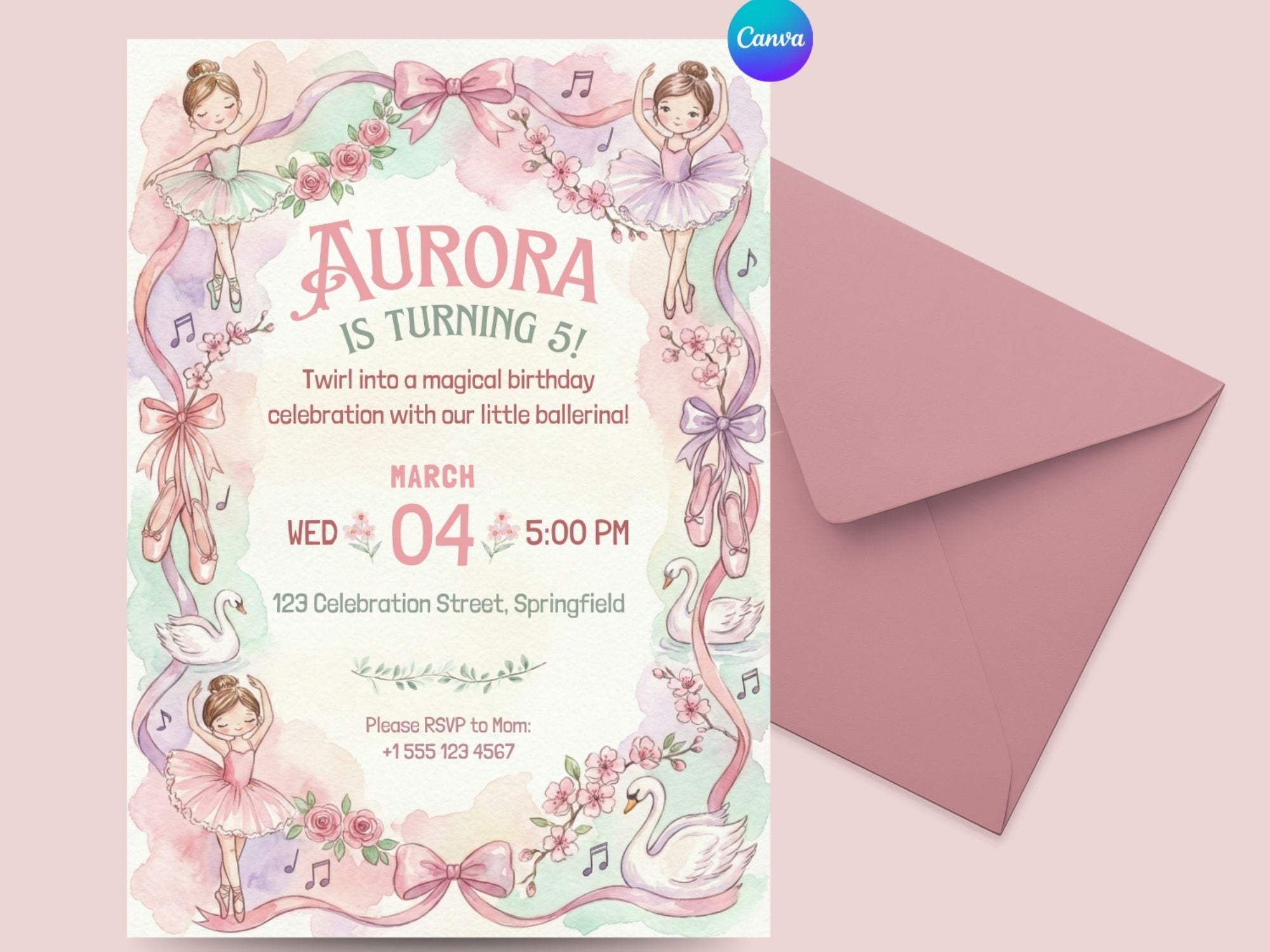 Ballerina Watercolor Invitation – Editable Canva Template – Share or Printable 5x7 – Instant Download