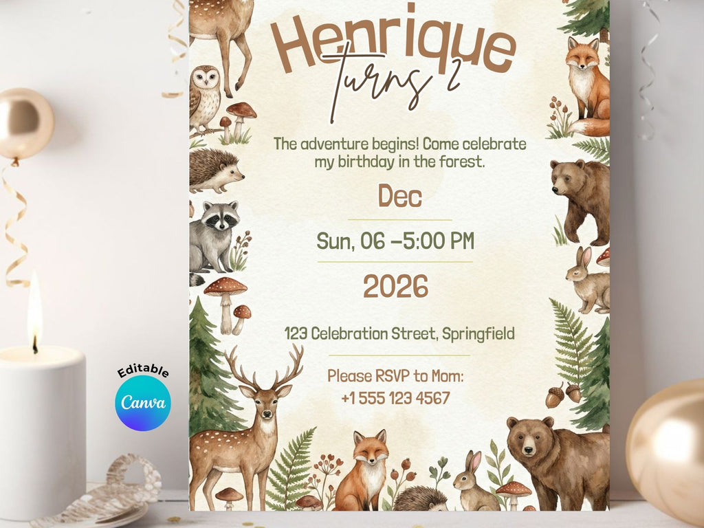 Forest Birthday Invitation – Editable Canva Template – Share or Printable 5x7 – Instant Download