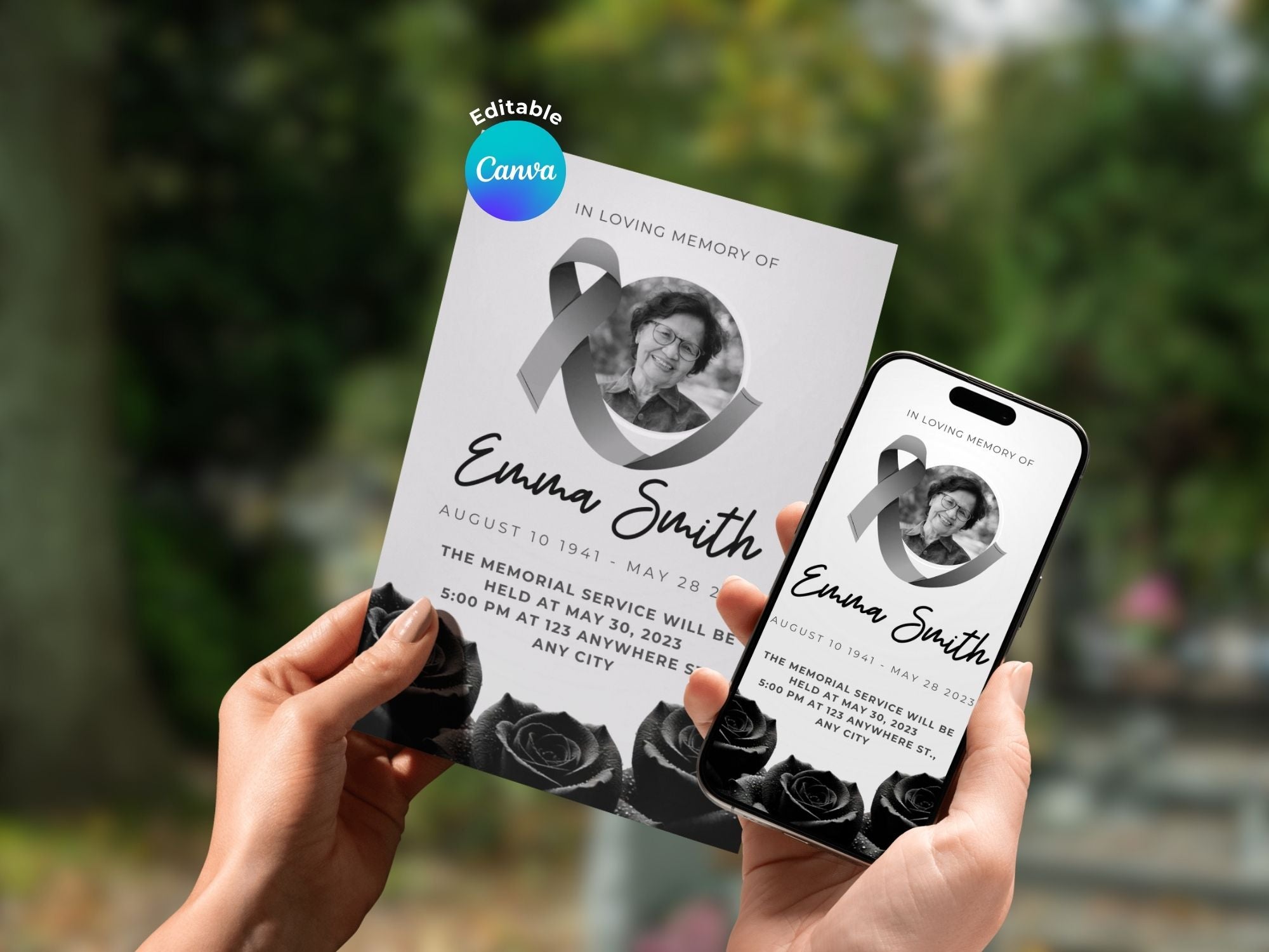 Floral Funeral Invitation – Editable Canva Template – Share or Printable 5x7 – Instant Download