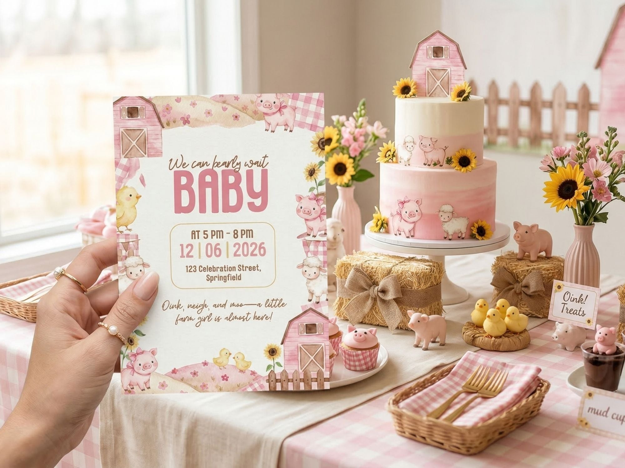 Pink Farm Baby Shower Invitation – Watercolor Plane Theme – Editable Canva Template – Share or Printable 5x7 – Instant Download