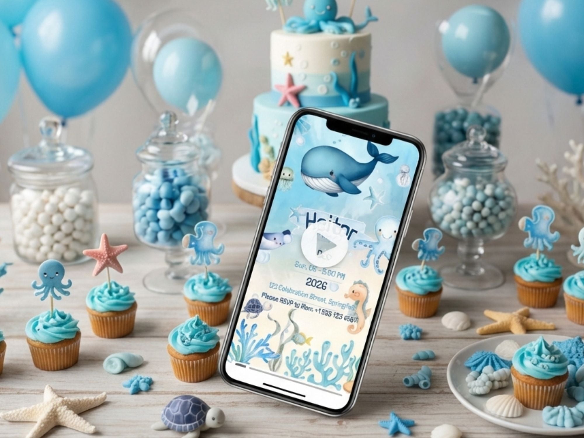 [FREE SAMPLE] Cute Blue Whale Birthday Invitation – Editable Canva Template – Share video mp4 – Instant Download