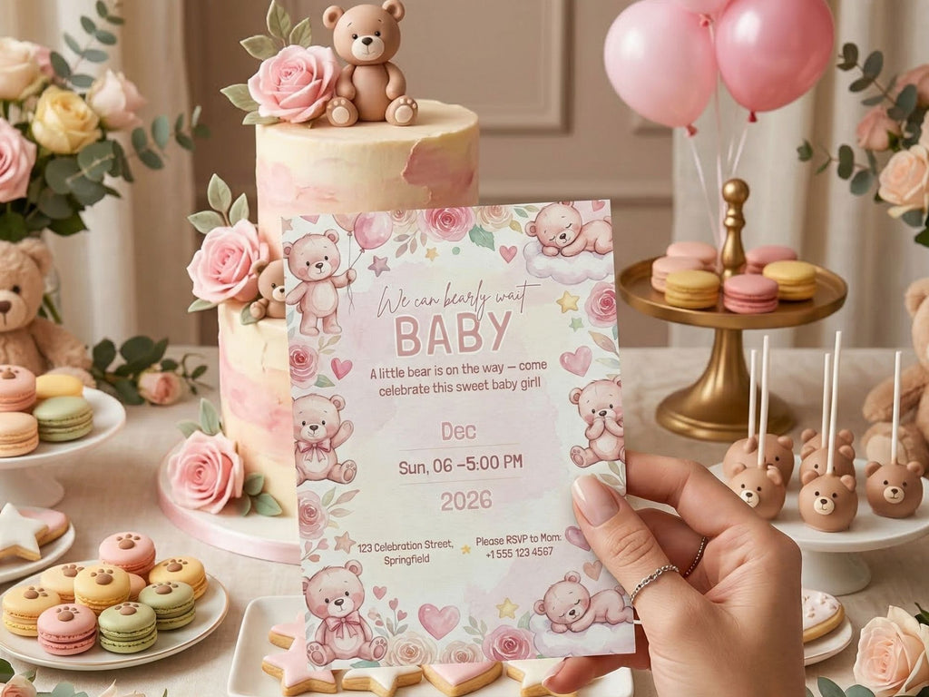 Pink Teddy Bear Baby Shower Invitation – Watercolor Plane Theme – Editable Canva Template – Share or Printable 5x7 – Instant Download