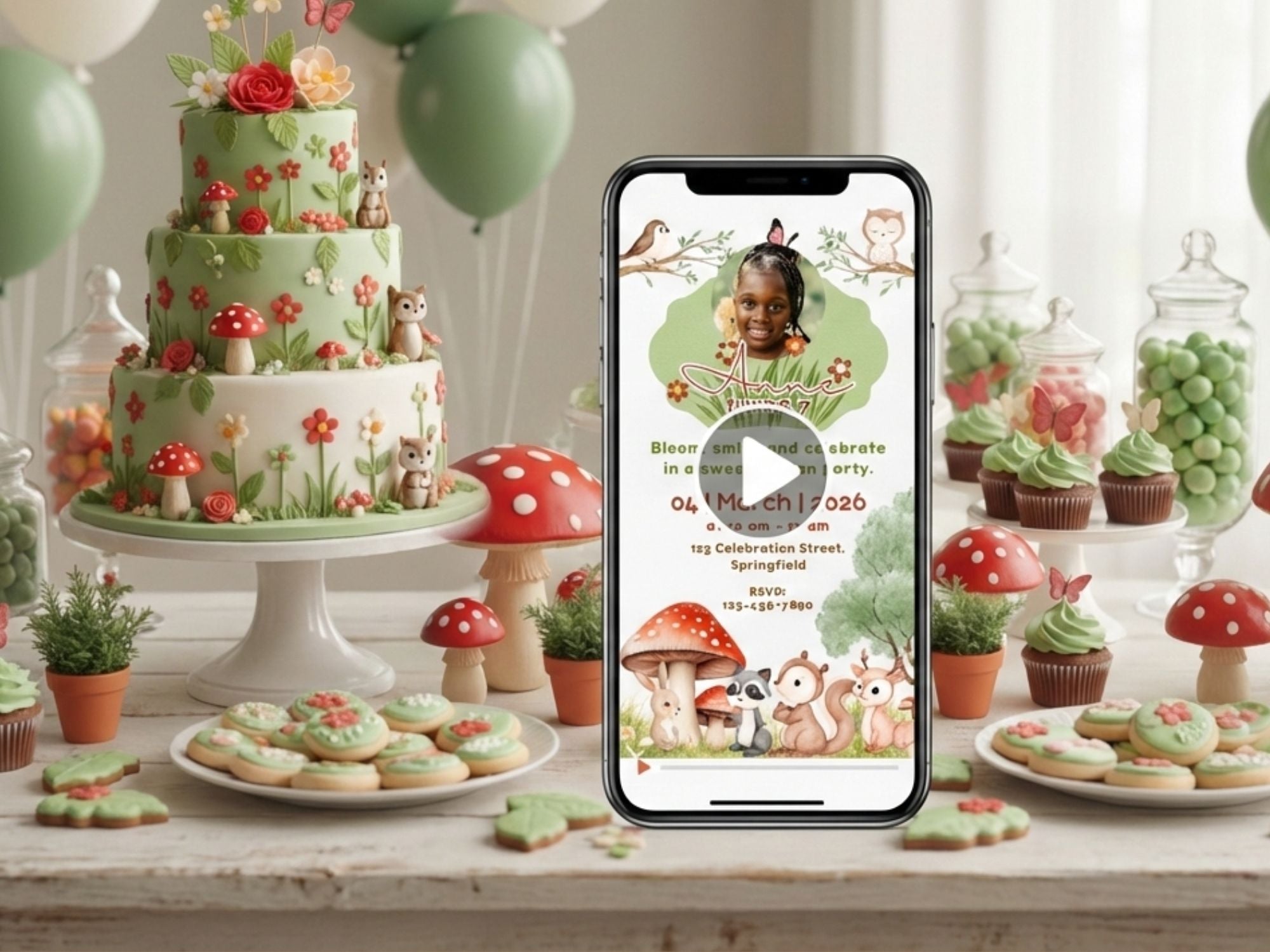 Cute Garden Birthday Invitation – Editable Canva Template – Share video mp4 – Instant Download