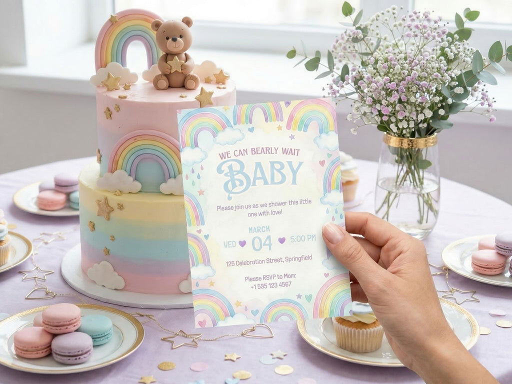 Watercolor Rainbow Baby Shower Invitation – Watercolor Plane Theme – Editable Canva Template – Share or Printable 5x7 – Instant Download