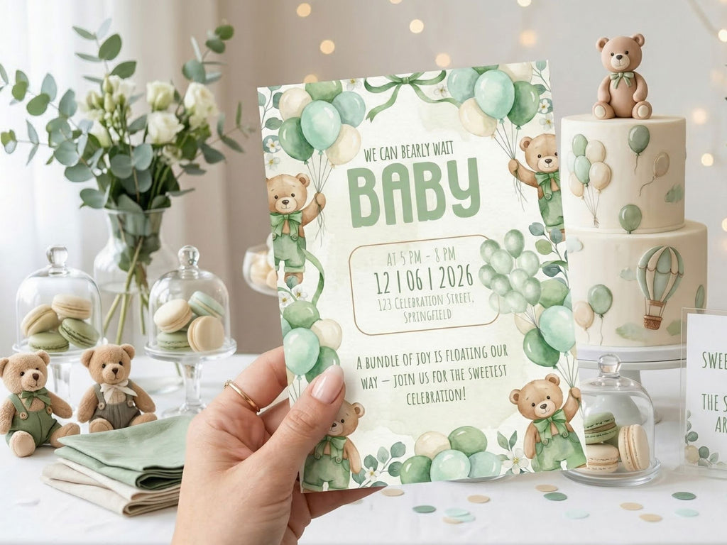 Green Balloon Bear Baby Shower Invitation – Watercolor Plane Theme – Editable Canva Template – Share or Printable 5x7 – Instant Download