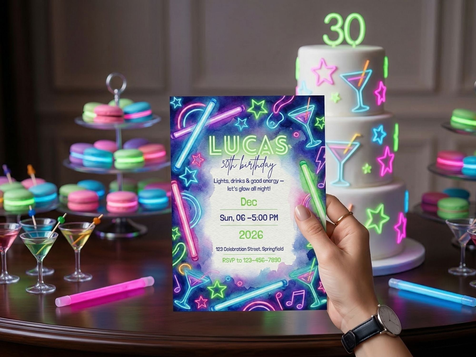 Neon Drink Party Invitation – Editable Canva Template – Share or Printable 5x7 – Instant Download