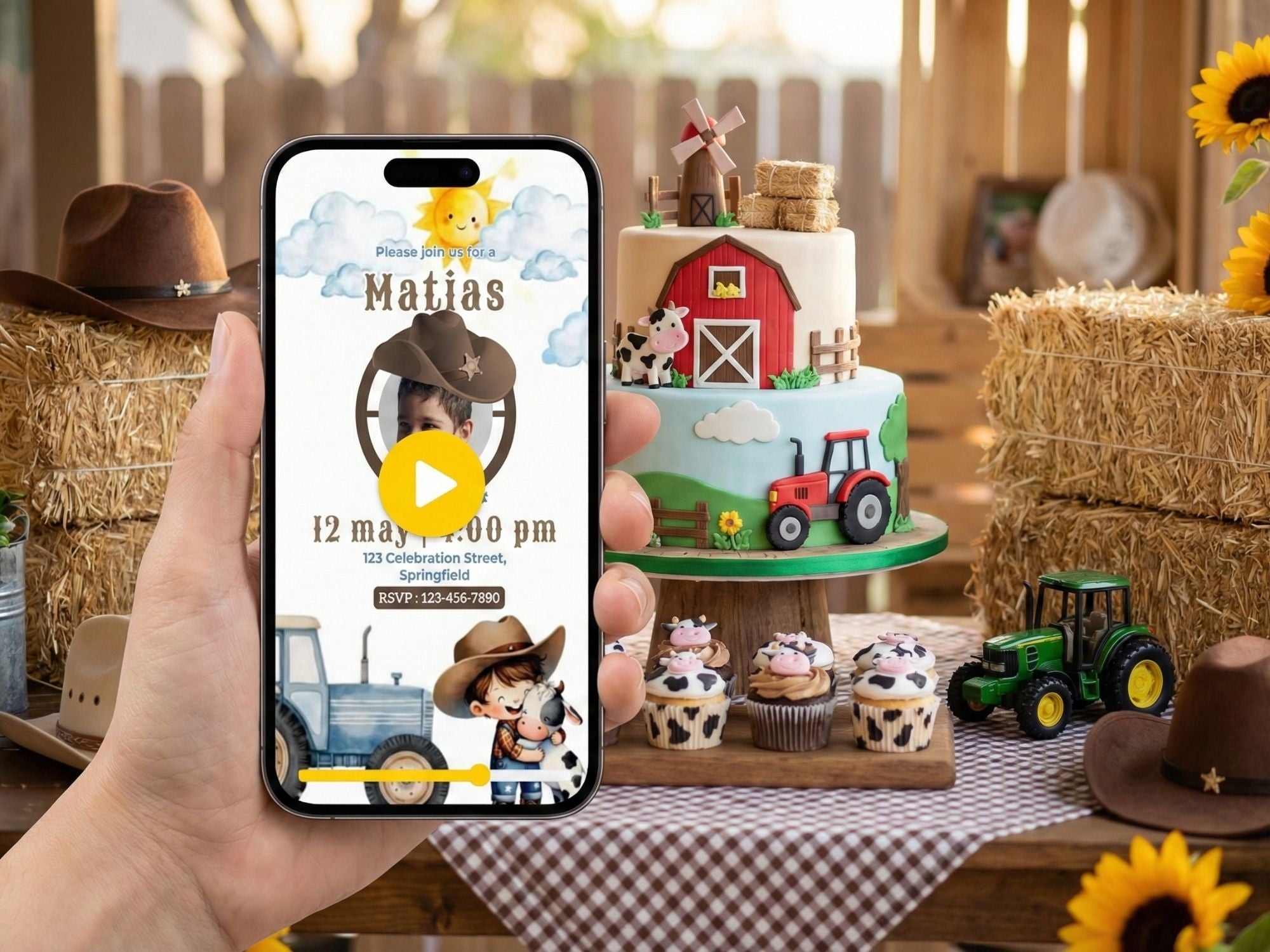 Farm Boy Birthday Video Invitation – Editable Canva Template – Share video mp4 – Instant Download