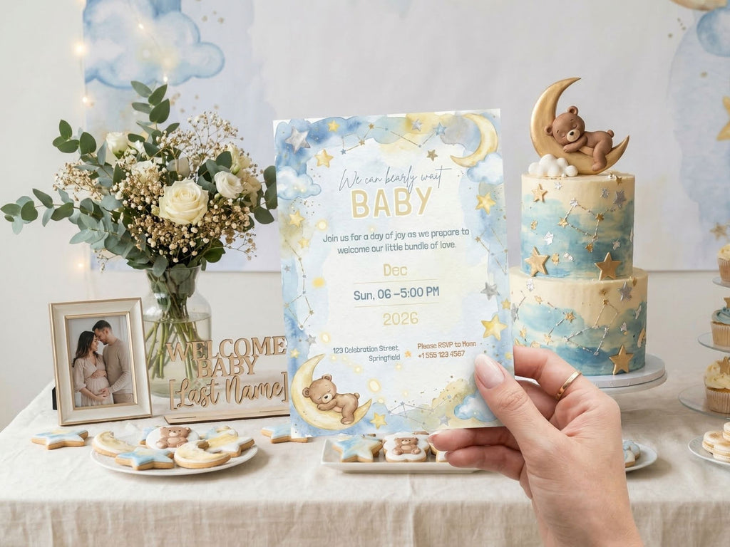 Teddy Bear in the Clouds Baby Shower Invitation – Watercolor Plane Theme – Editable Canva Template – Share or Printable 5x7 – Instant Download