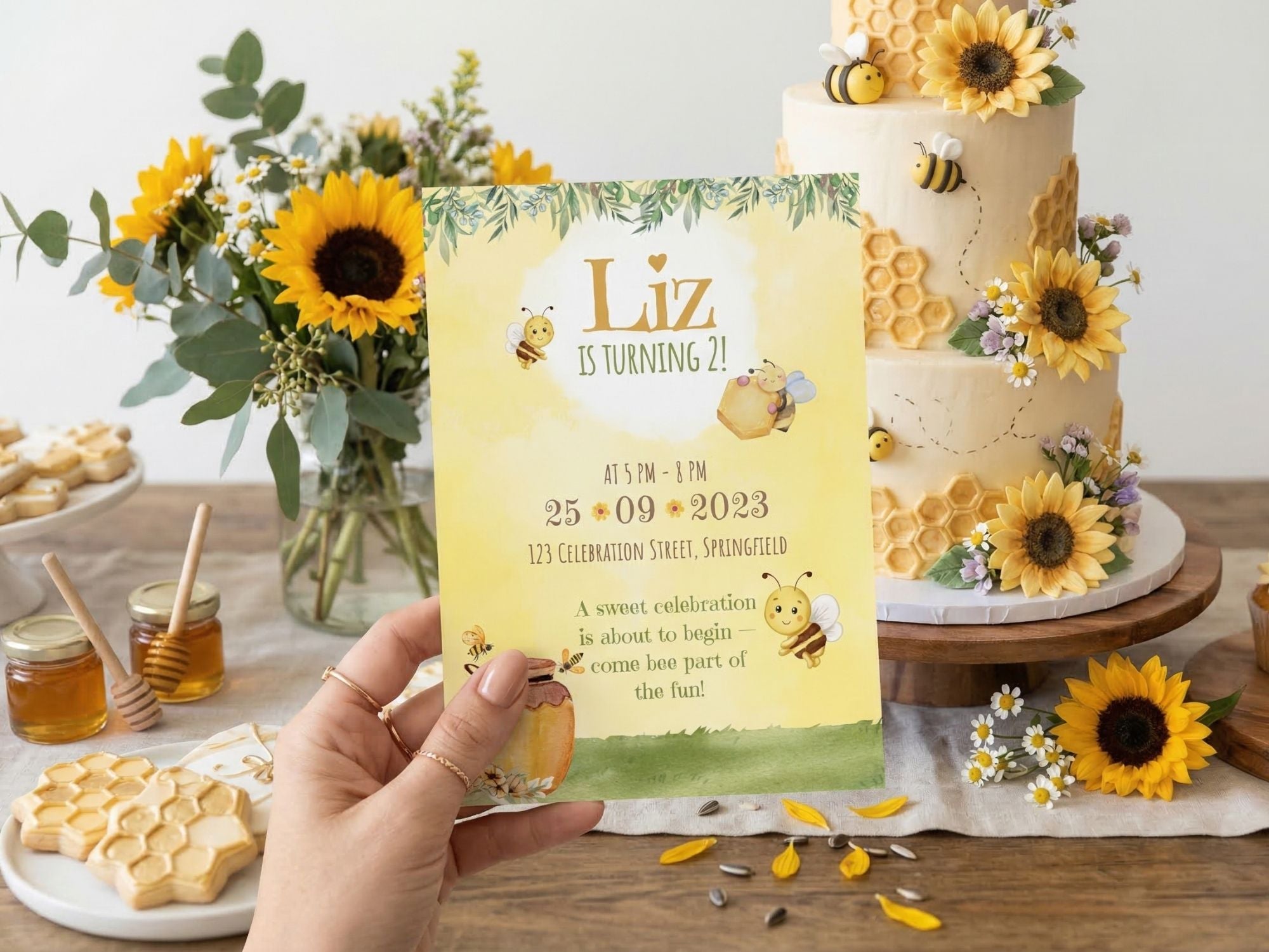 Honey Bee Floral Invitation – Editable Canva Template – Share or Printable 5x7 – Instant Download