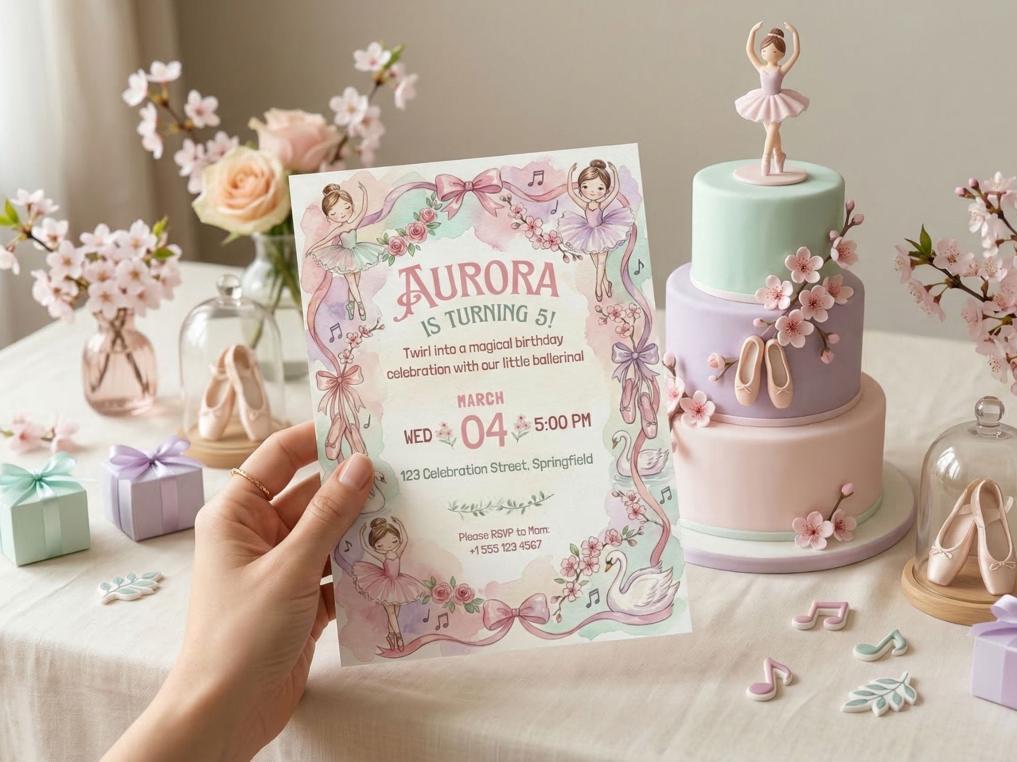 Ballerina Watercolor Invitation – Editable Canva Template – Share or Printable 5x7 – Instant Download