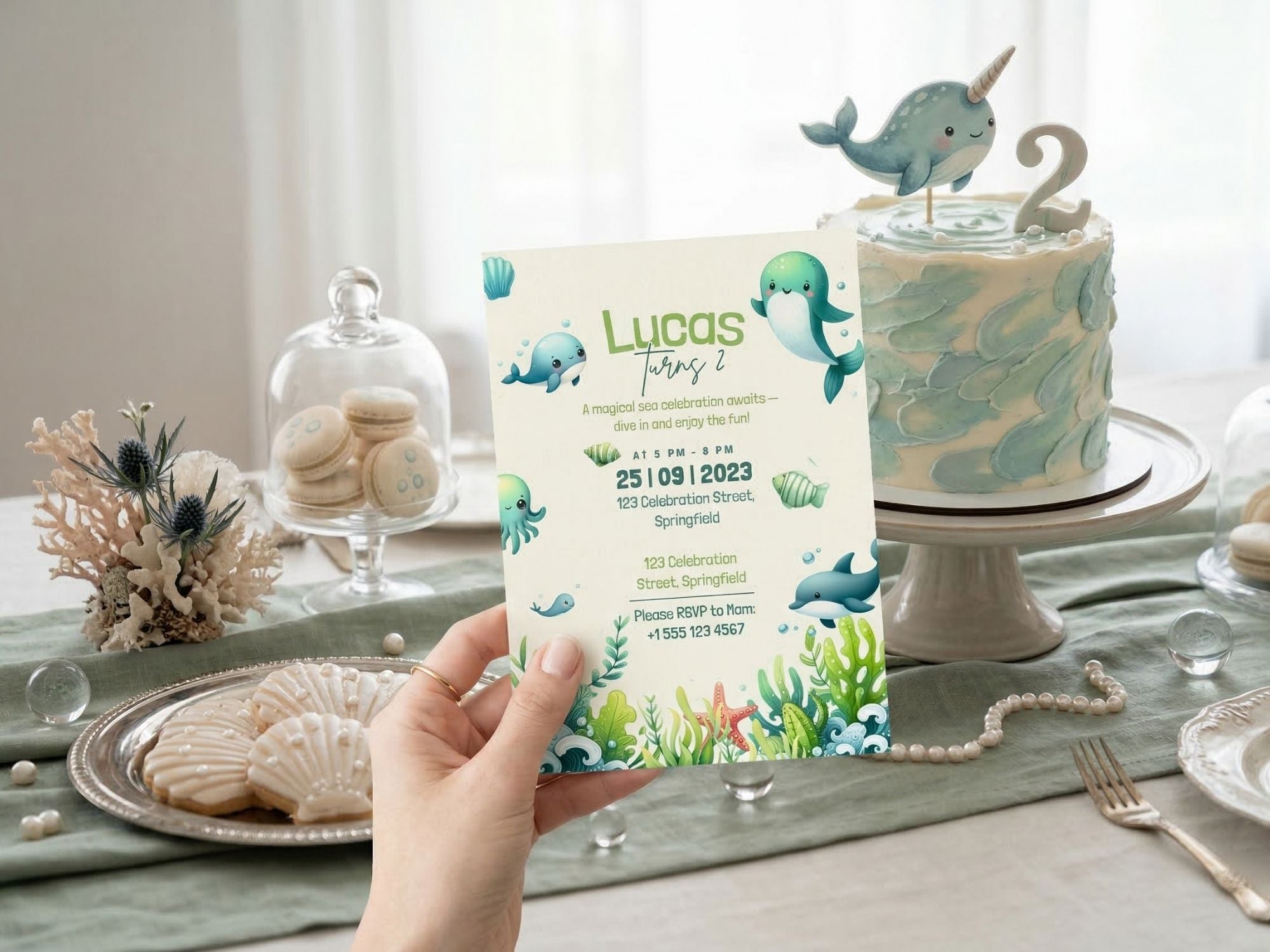 Green Ocean Watercolor Invitation – Editable Canva Template – Share or Printable 5x7 – Instant Download