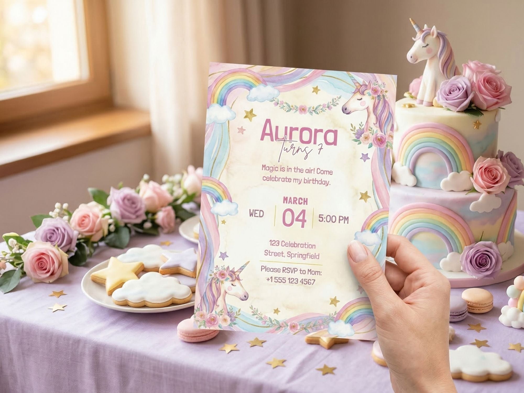 Unicorn Birthday Invitation – Editable Canva Template – Share or Printable 5x7 – Instant Download