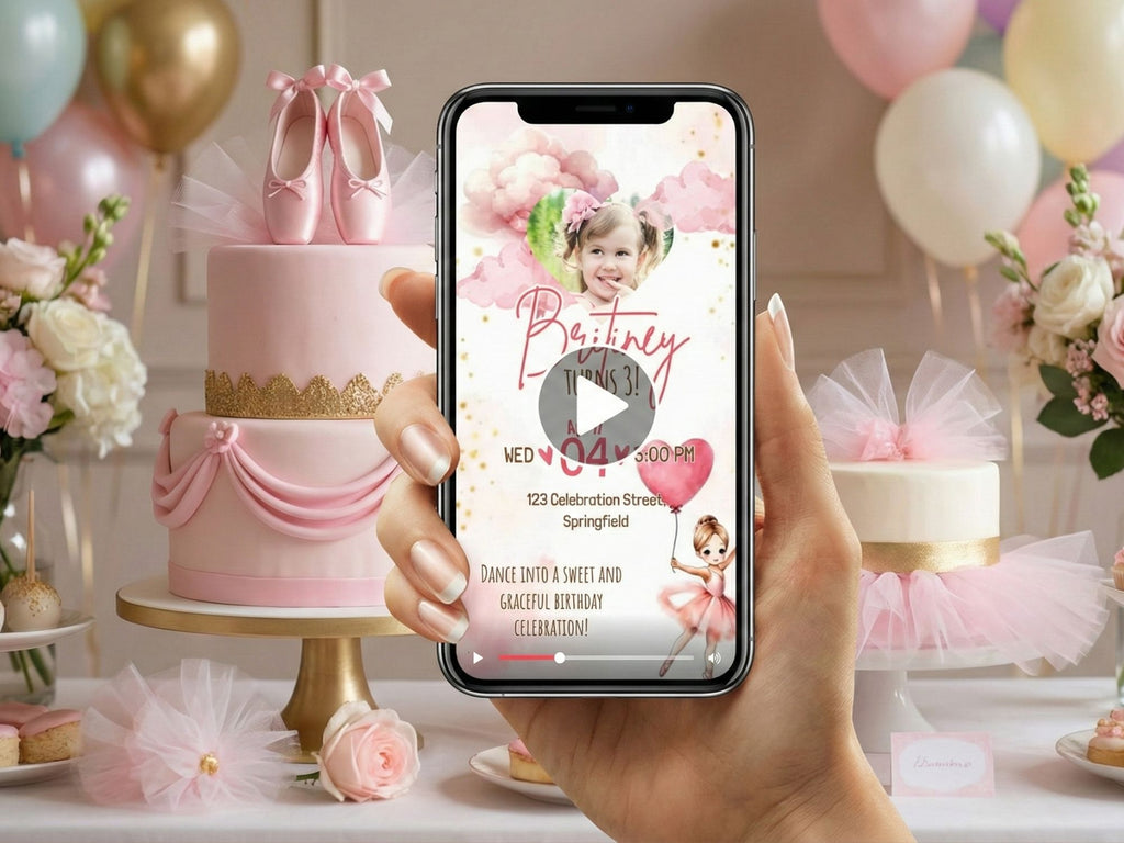 Pink Ballerina Birthday Invitation – Editable Canva Template – Share video mp4 – Instant Download