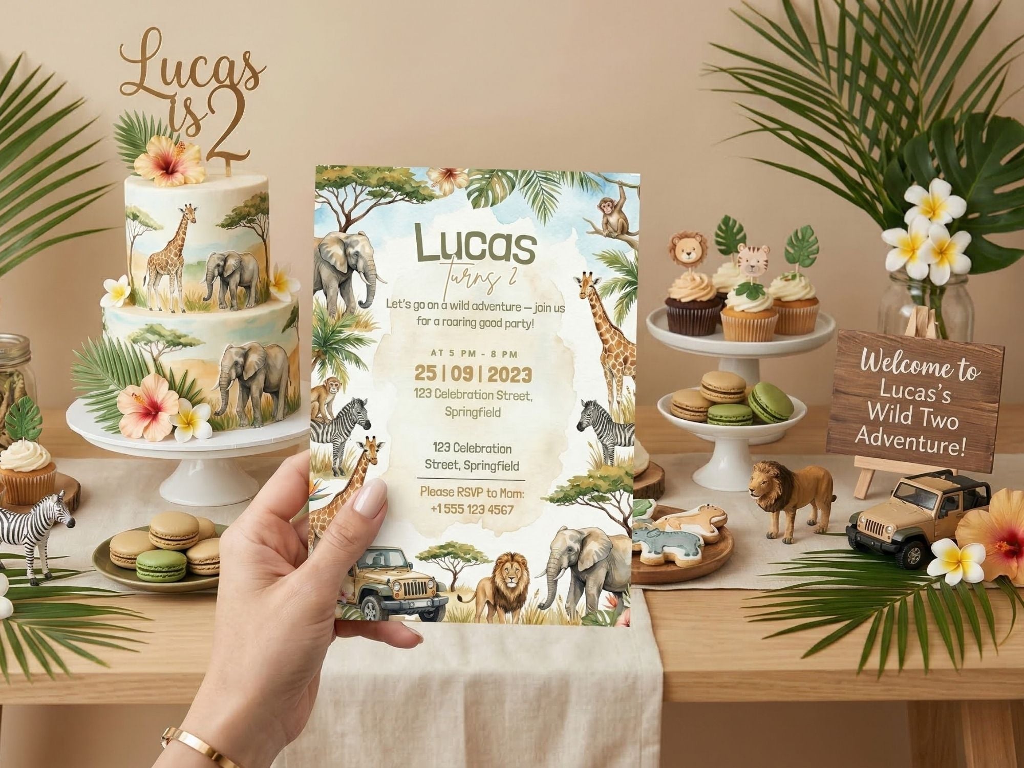 Safari Watercolor Birthday Invitation – Editable Canva Template – Share or Printable 5x7 – Instant Download