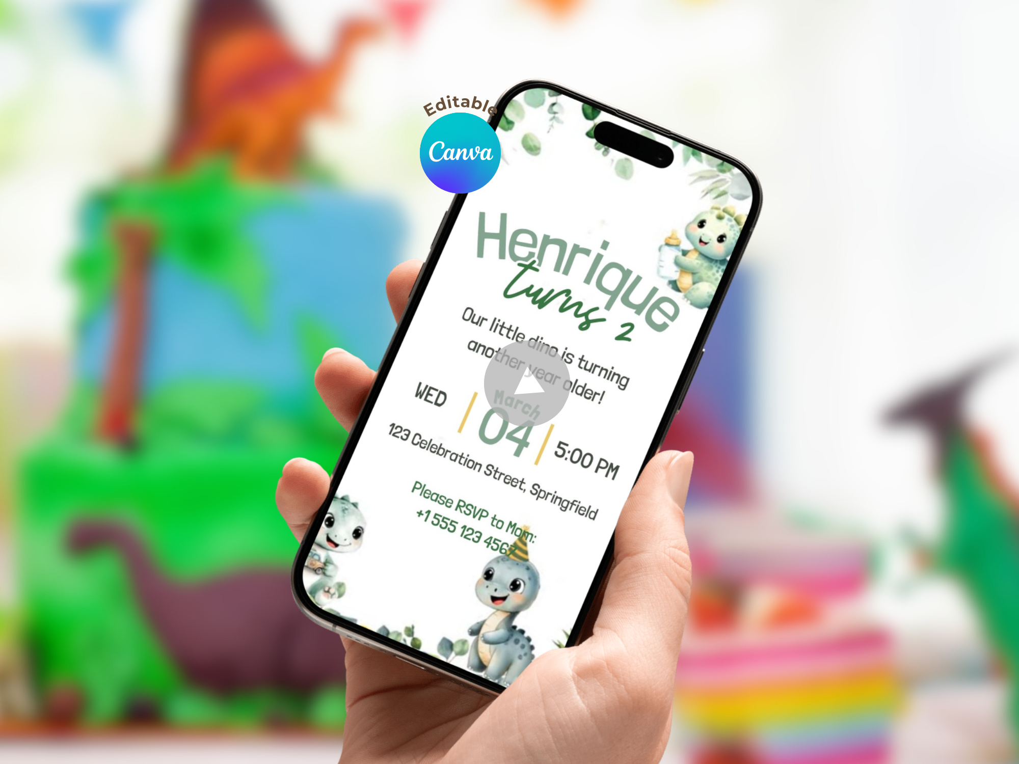[FREE SAMPLE] Little Dino Birthday Invitation – Editable Canva Template – Share video mp4 – Instant Download