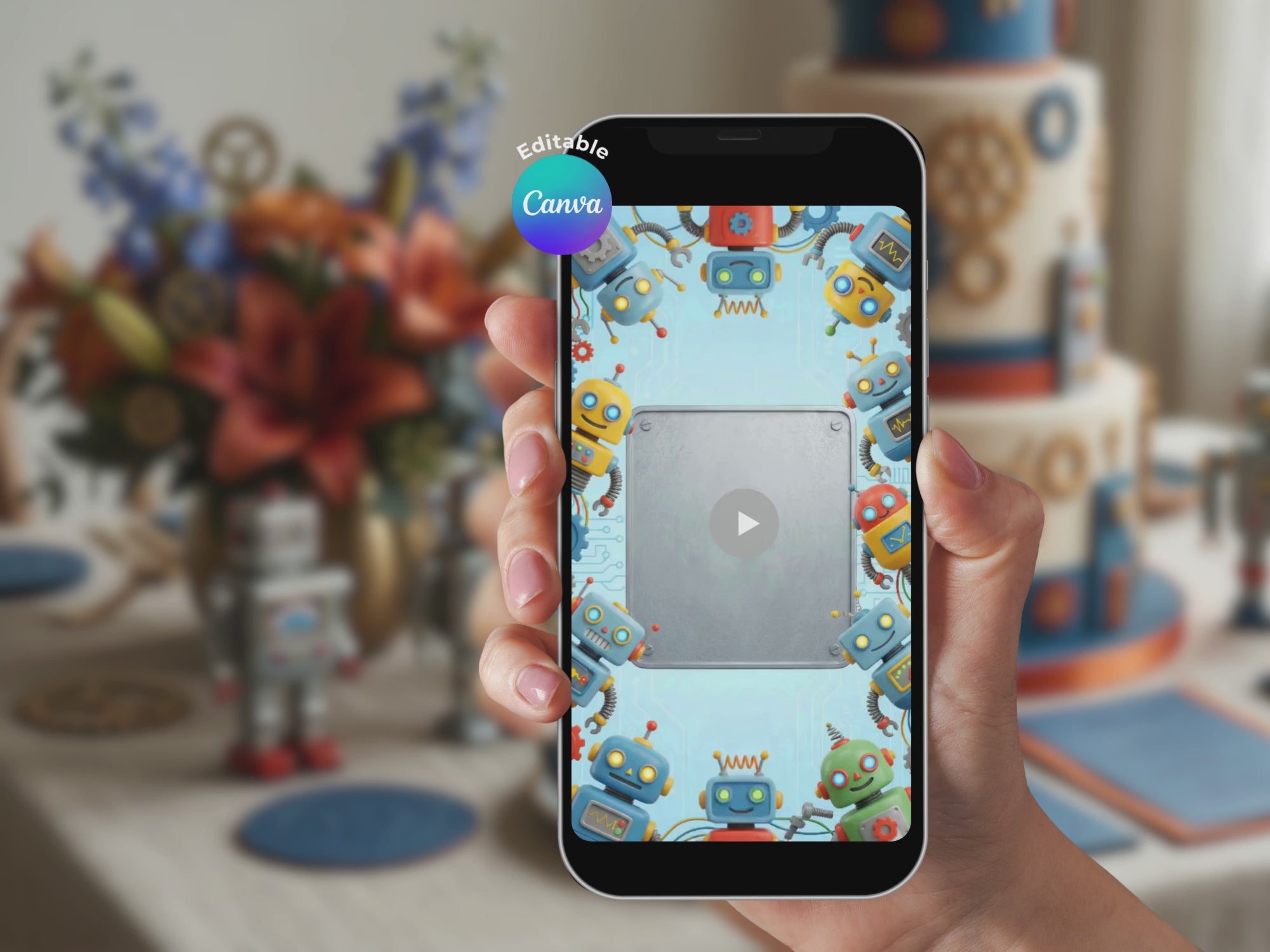 Animated Robot Birthday Video Invitation – Editable Canva Template – Share video mp4 – Instant Download
