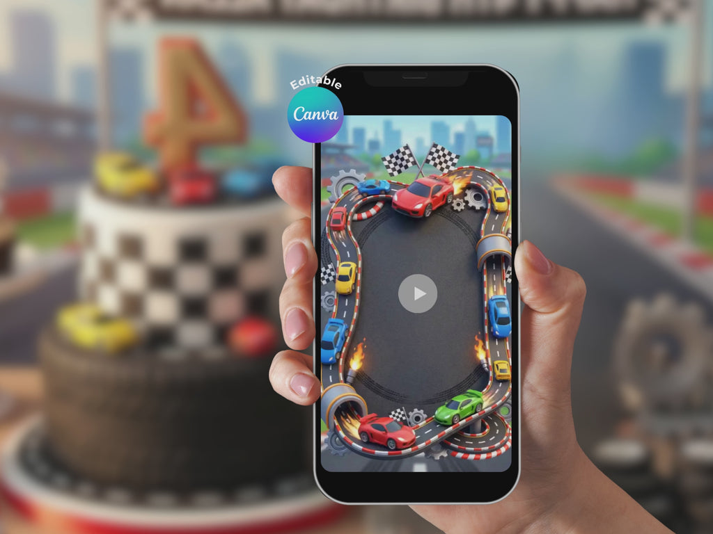 Animated Race Car Birthday Video Invitation – Editable Canva Template – Share video mp4 – Instant Download