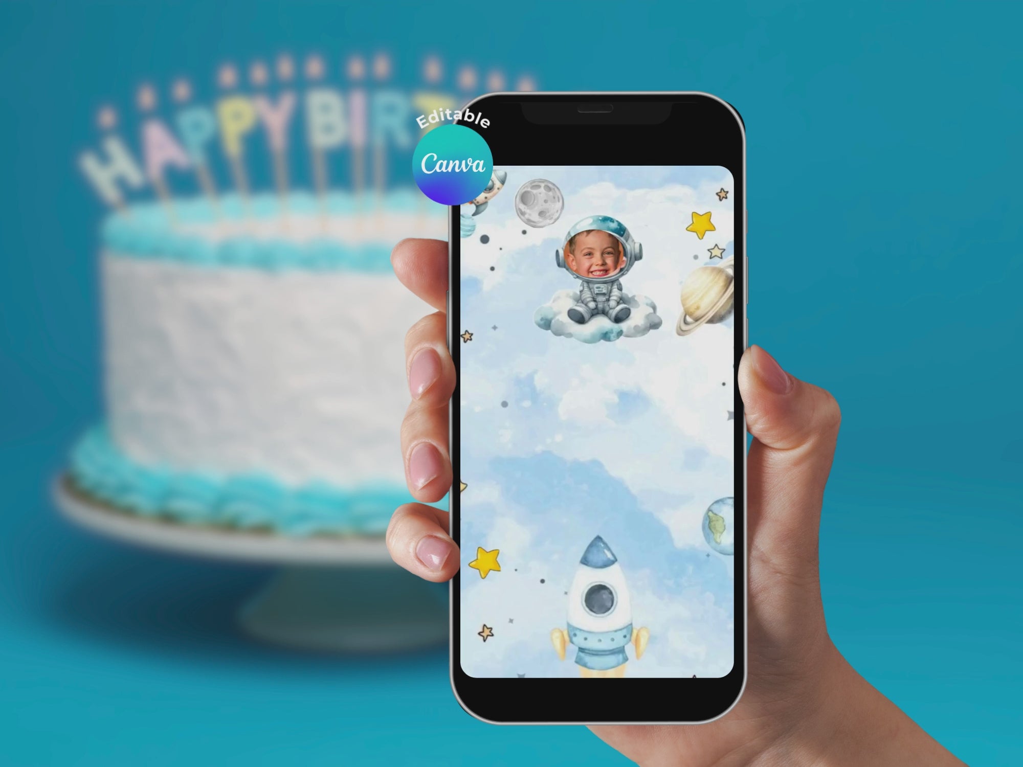 Astronaut In The Clouds Birthday Invitation – Editable Canva Template – Share video mp4 – Instant Download